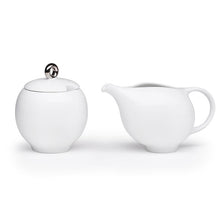 Load image into Gallery viewer, Eva Milk and Sugar set | Ceramic Creamer and Sugar bowl with lid | White porcelain with Silver plate
