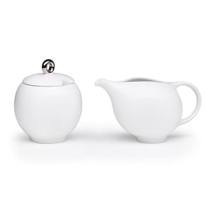Eva Milk and Sugar set | Ceramic Creamer and Sugar bowl with lid | White porcelain with Silver plate