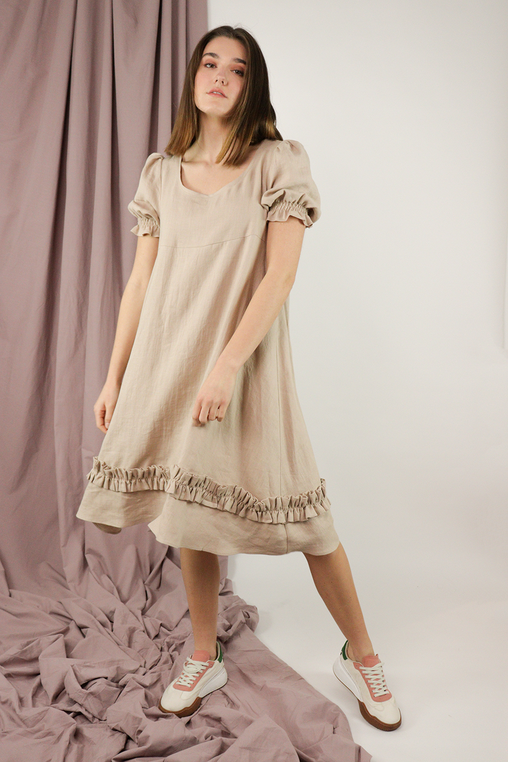 French Clay Short Sleeve Linen Midi Dress