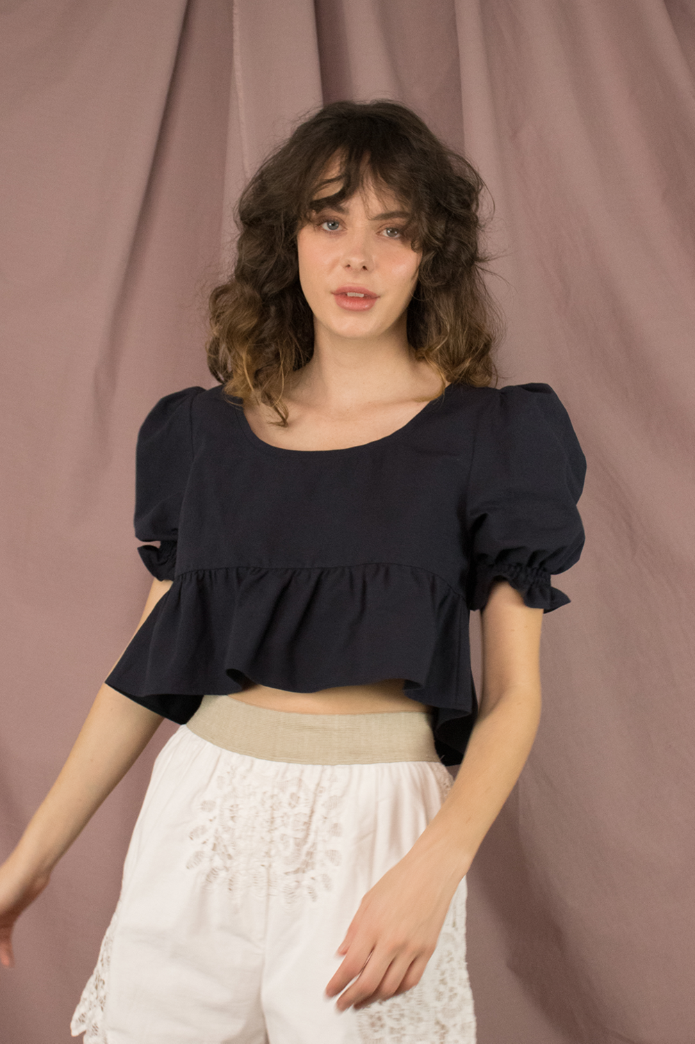 Navy Cropped Short Sleeve Top