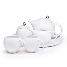 Load image into Gallery viewer, Modern tea set. Ceramic tea service in white porcelain with Silver plate. Award winning 6-piece set.
