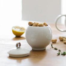 Load image into Gallery viewer, Eva Milk and Sugar set | Ceramic Creamer and Sugar bowl with lid | White porcelain with Silver plate
